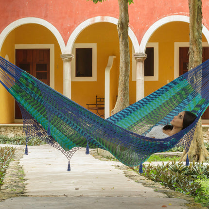 Mayan Legacy King Size Deluxe Outdoor Cotton Mexican Hammock in Caribe Colour