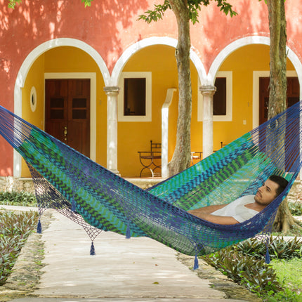 Mayan Legacy King Size Deluxe Outdoor Cotton Mexican Hammock in Caribe Colour