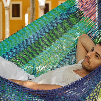 Mayan Legacy King Size Deluxe Outdoor Cotton Mexican Hammock in Caribe Colour