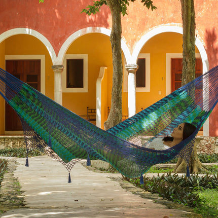 Mayan Legacy King Size Deluxe Outdoor Cotton Mexican Hammock in Caribe Colour