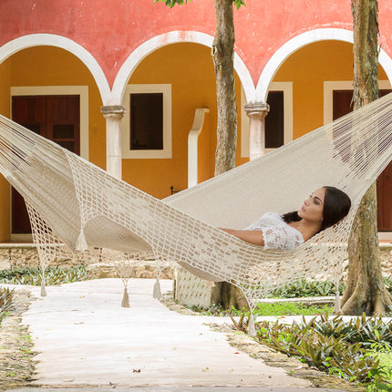 Mayan Legacy Queen Size Deluxe Outdoor Cotton Mexican Hammock in Cream Colour