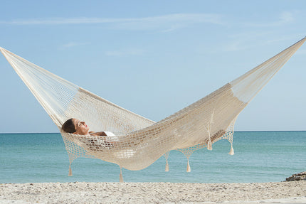 Mayan Legacy King Size Deluxe Outdoor Cotton Mexican Hammock in Cream Colour
