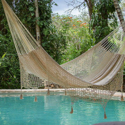 Mayan Legacy King Size Deluxe Outdoor Cotton Mexican Hammock in Cream Colour