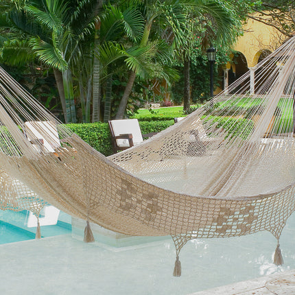 Mayan Legacy King Size Deluxe Outdoor Cotton Mexican Hammock in Cream Colour