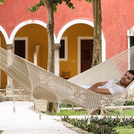 Mayan Legacy Queen Size Deluxe Outdoor Cotton Mexican Hammock in Cream Colour