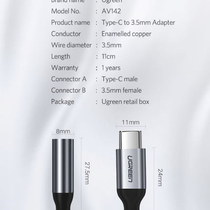 UGreen Type C to 3.5mm Female cable 10CM 30632 (not for Samsung Smartphone )