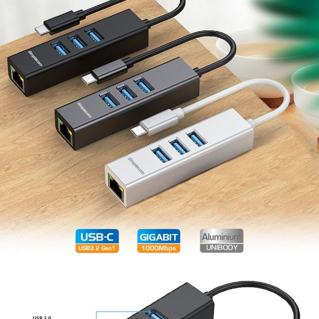 Simplecom CHN421 Aluminium USB-C to 3 Port USB HUB with Gigabit Ethernet Adapter Silver