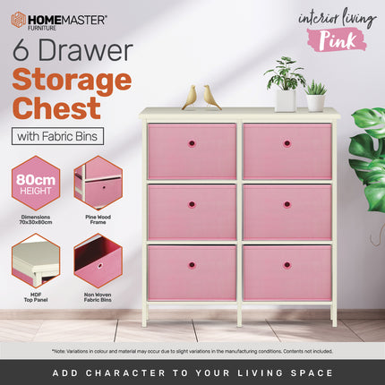 Home Master 6 Drawer Pine Wood Storage Chest Pink Fabric Baskets 70 x 80cm