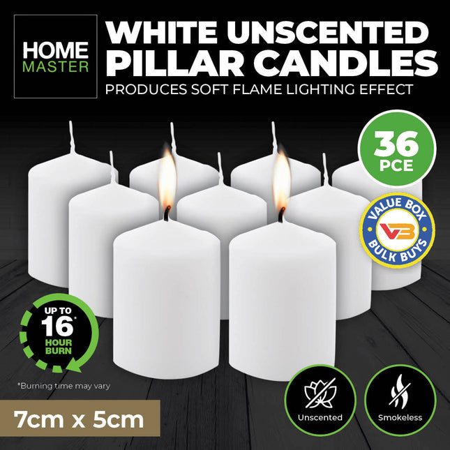 Home Master 36PCE Pillar Candles White Unscented Lead Free Wick 16 Hours 7cm
