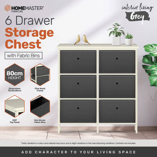 Home Master 6 Drawer Pine Wood Storage Chest Grey Fabric Baskets 70 x 80cm