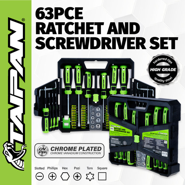 Taipan 63PCE Ratchet & Screwdriver Set With Case Premium Quality Steel