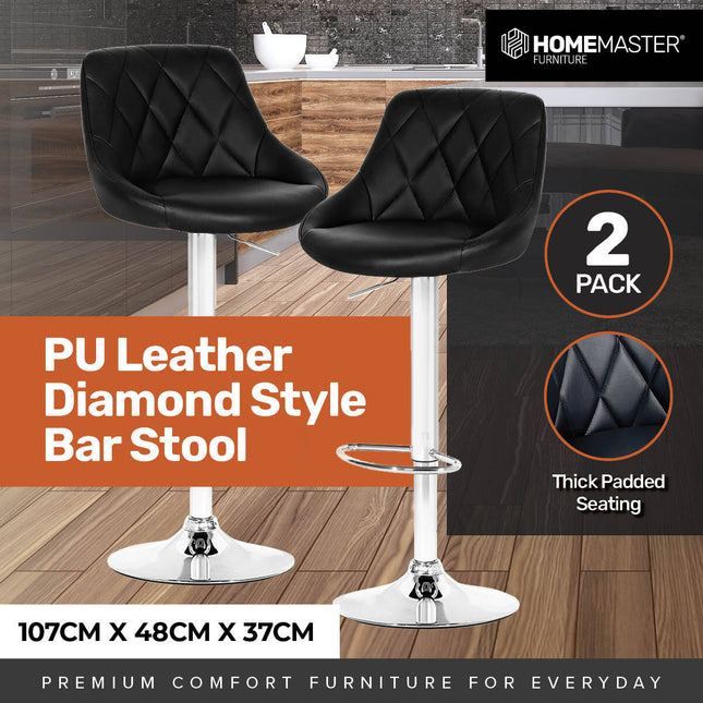Home Master 2PCE Bar Stool Black Swivel Seat Adjusting Height Stylish Modern