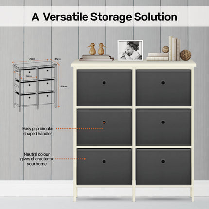 Home Master 6 Drawer Pine Wood Storage Chest Grey Fabric Baskets 70 x 80cm