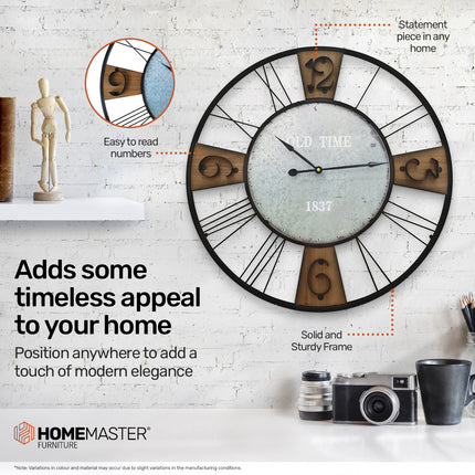Home Master Wall Clock Large Vintage Design Stylish Metal Accents 60cm