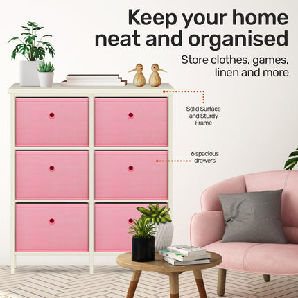 Home Master 6 Drawer Pine Wood Storage Chest Pink Fabric Baskets 70 x 80cm
