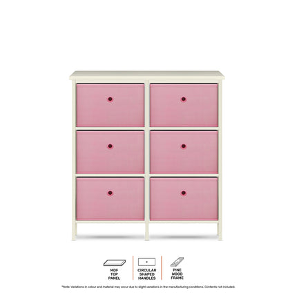 Home Master 6 Drawer Pine Wood Storage Chest Pink Fabric Baskets 70 x 80cm
